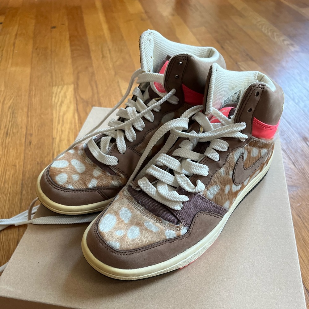 Vintage Nike high-top fashion sneakers, faux pony hair with neon pink trimming